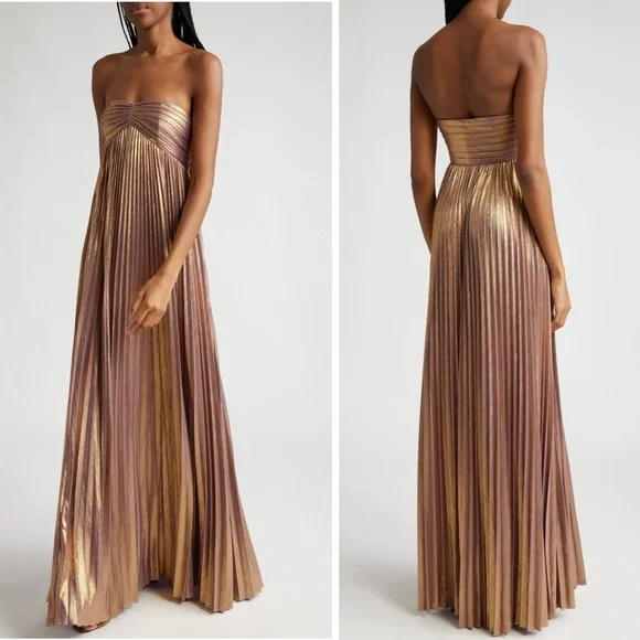 Retrofête Lyanna Metallic Pleated Sweetheart Strapless Maxi Dress Evening Gown - Picture 8 of 15